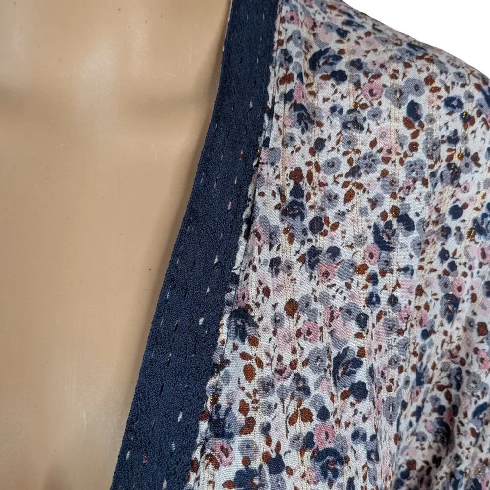 Nalini Anthropologie Blue Floral Kimono Top One Size OS Crochet Lace Tassel Boho